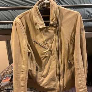 Tan Leather Moto Jacket with Asymmetrical Zipper and Stand-Up Collar